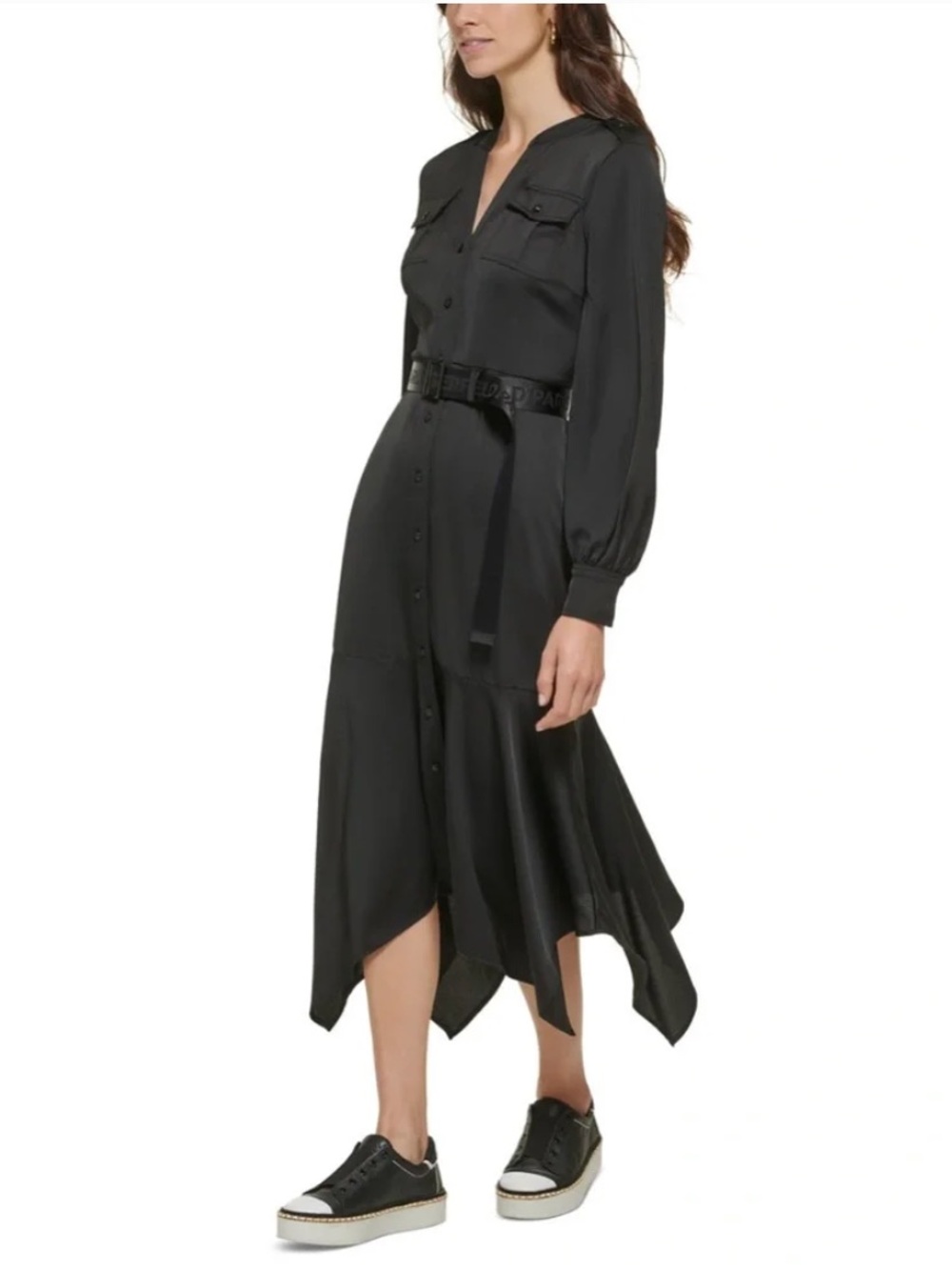 Karl Lagerfeld Black Long-Sleeve Handkerchief-Hem Shirt Dress - Picture 2 of 5